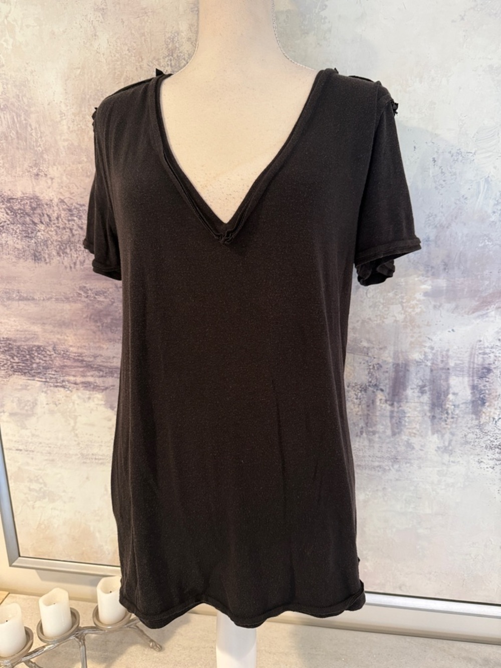 POL Black V-Neck Short Sleeve Women's Top Size Large